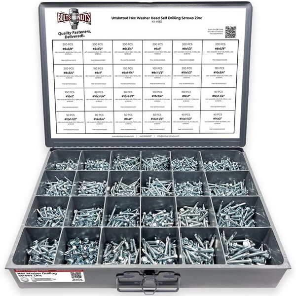 Boltsandnuts.Com Unslotted Hex Washer Head Self Drilling Screws Zinc - 2931 PCS Assortment Kit #165 - main